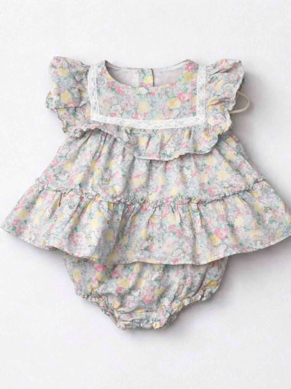 Janie and Jack Pastel Floral Ruffle Dress & Diaper Cover - Pink, Yellow, Blue